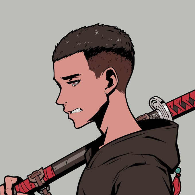 An anime-style illustration of a young man with short brown hair shown in profile, carrying a red-handled katana on his back while wearing a black outfit.