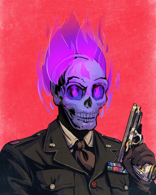 An illustration of a skeletal figure with purple flame-like hair wearing a dark uniform and holding a pistol.