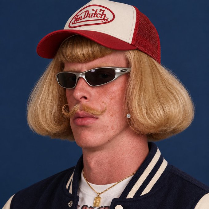 A person poses wearing a red and white Von Dutch trucker hat, silver sunglasses, and a blonde bob wig with a curled handlebar mustache against a blue background.