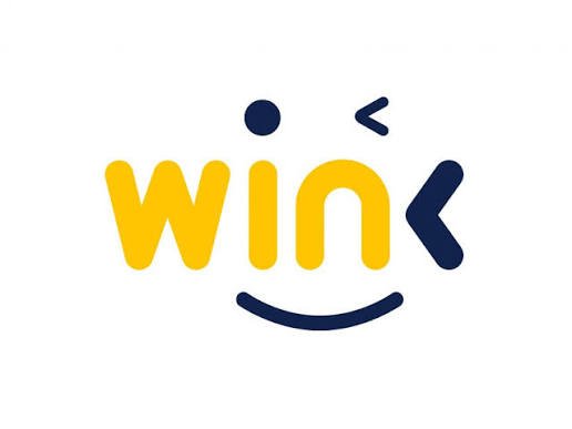 The Wink logo features a stylized smiley face design where the 'win' portion of the word is in yellow and the 'k' and other facial elements form a dark blue face with a winking eye and a smiling mouth.