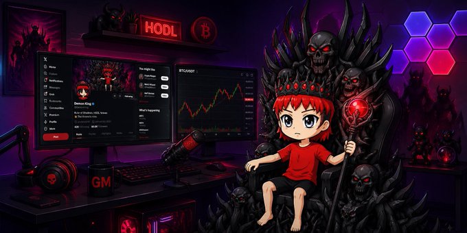 A digital illustration of a chibi-style anime character with red hair sitting on a skull throne, holding a staff, with trading screens displaying Bitcoin (BTCUSDT) in the background.