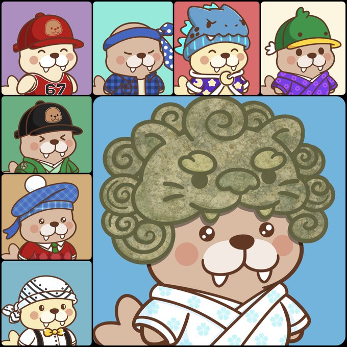 A collage of cartoon beaver-like characters in various outfits, with a larger central figure featuring a green curly wig and a patterned robe.