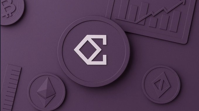 A purple-themed graphic displaying cryptocurrency logos, including a central 'C' logo coin, Ethereum coins, and a bar chart with an upward trend arrow.