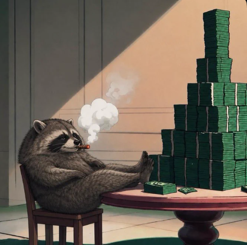 A raccoon smokes a cigar while relaxing by a tower of money, symbolizing future wealth for $jimothy believers.