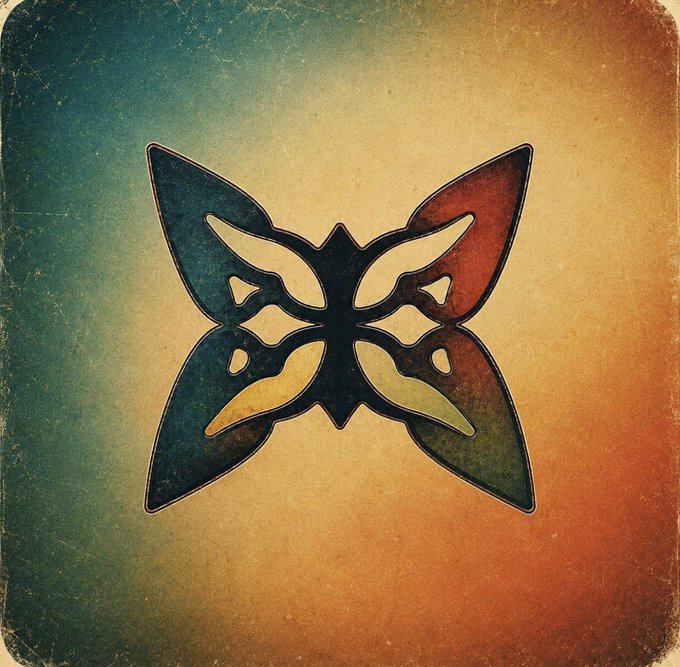 A symmetrical, stylized butterfly or moth emblem with tribal-style cutouts, rendered in dark colors against a distressed, vintage-style background that transitions from dark teal on the left to warm orange on the right.