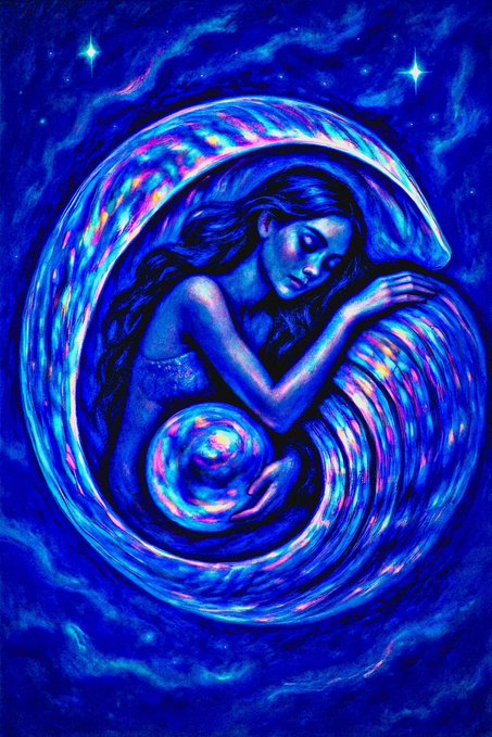 A luminous blue painting of a sleeping woman with long flowing hair cradled within a swirling, glowing wave and moon shape against a starry night sky.