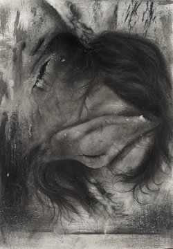 A black-and-white, melancholic artwork showing a curled-up figure with long, dark hair covering its face, rendered with rough, expressive charcoal-like textures.