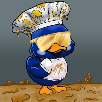 A cartoon illustration of a blue duck wearing a yellow-tinted visor and a white chef's outfit splattered with yellow liquid, standing in a puddle of the same substance.