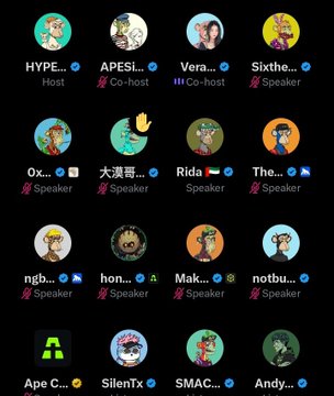 The image features an array of cartoon characters, each with their own unique appearance and name tag. The characters are arranged in a grid-like pattern against a black background, making them stand out prominently. Some of these characters include a monkey, a bear, and a lion. The post is titled "Today i joined Hype's Space with other BAYC legends." It seems to be promoting an event or gathering where people can meet and interact with fellow enthusiasts in the space community.
