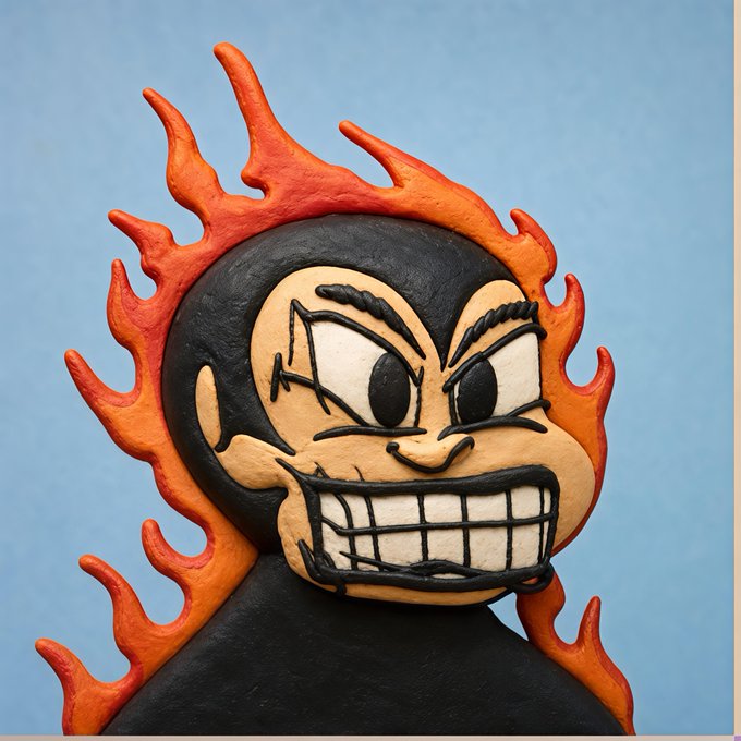 A clay sculpture of a cartoonish character with a wide, toothy grin, surrounded by orange and red flames against a blue background.