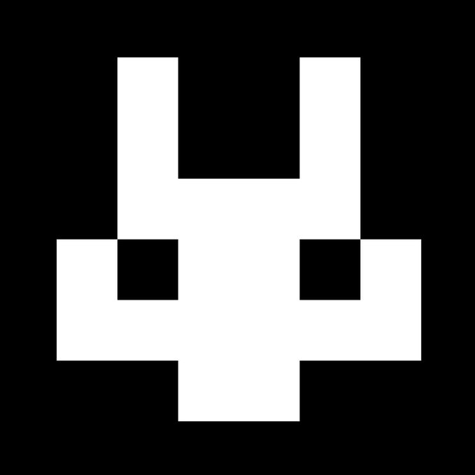 A simple white geometric shape resembling a stylized animal or character on a solid black background.
