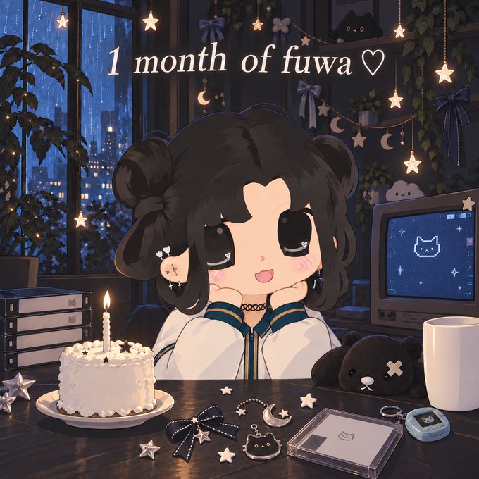 An anime-style illustration of a black-haired girl at a desk with a cake, candles, and a retro monitor, captioned "1 month of fuwa ♡" in a starry night setting.