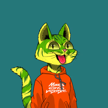 A digital illustration depicts a smiling green tabby cat with large eyes wearing an orange hoodie that reads 'Mars Cats Verse' against a teal background.