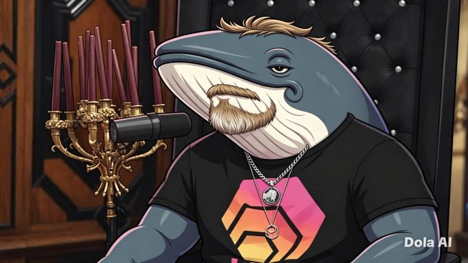 An AI-generated cartoon image (watermarked 'Dola AI') depicts an anthropomorphic whale with a blond mustache wearing a black t-shirt featuring a pink and orange hexagonal logo, sitting in an ornate chair in front of a microphone.