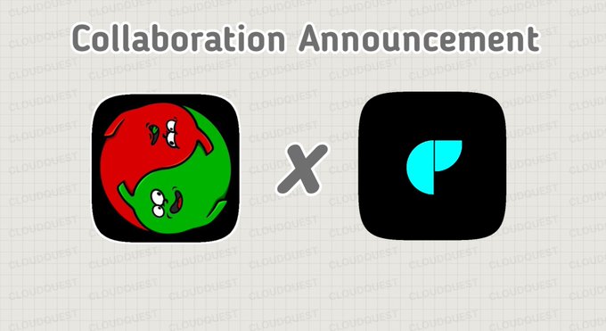 This image announces a "Collaboration" between Cloud Quest and @0xmarketplayers, featuring their respective logos. The announcement ties into the accompanying text detailing the launch of "Market Players" NFTs from Cloud Quest.