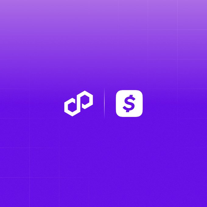The image features two logos, one for a cryptocurrency called Polygon and another for a payment app named Cash App. The Polygon logo displays a hexagon with a dollar sign inside of it, while the Cash App logo shows a square with a dollar sign on top. Both logos are set against a purple background, which is the dominant color in both designs. The text "Cash App, with 57M+ users, has chosen Polygon for stablecoin payments." indicates that the Polygon cryptocurrency is being used by Cash App as a payment method.