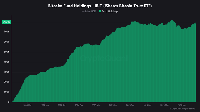 A chart titled 'Bitcoin: Fund Holdings - IBIT (iShares Bitcoin Trust ETF)' shows fund holdings rising from near 0 to approximately 795.5K between early 2024 and mid-2026.