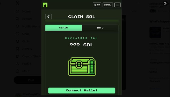 A cryptocurrency website interface featuring a 'CLAIM SOL' popup with an option to claim unclaimed SOL by connecting a wallet.