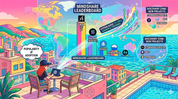 The image features a colorful poster with a cartoon-like style, depicting an ocean scene with buildings and people enjoying their time by the water. The poster also includes text that reads "Mindshare Leaderboard" and "Discover Zone". In the center of the poster is a person sitting at a table, possibly working on a project or using a computer. The poster also contains various icons representing different projects, such as "Solana", "OpenSea", and "Base".