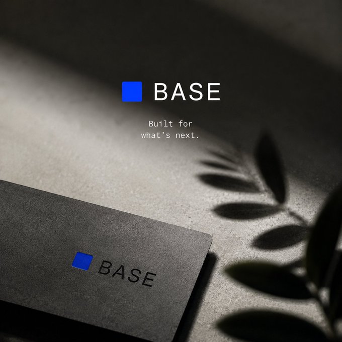 A dark, minimalist brand presentation featuring the 'BASE' logo with a blue square mark and the tagline 'Built for what's next,' shown both as a header and on a black business card beside a leafy shadow.