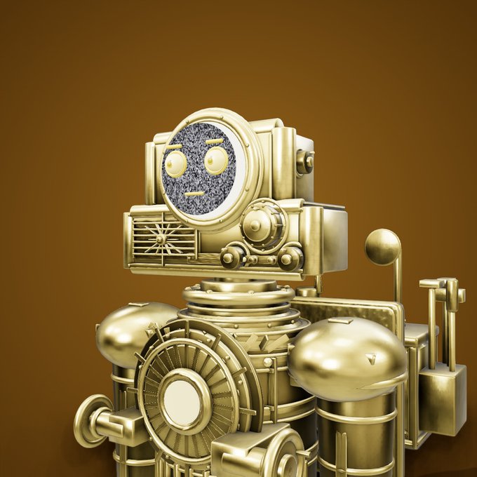 A 3D-rendered golden/brass colored retro-style robot with a round face featuring static-pattern eyes, intricate mechanical details, and antenna, set against a brown background.