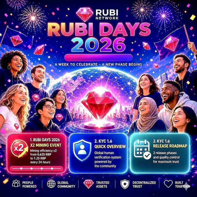 This image announces "RUBI DAYS 2026" with a "X2 MINING EVENT" and "KYC 1.6" updates, featuring a celebratory graphic that visually represents global community and new phases. The visual aligns with the post by highlighting "Rubi Days 2026," the mining event with an increased efficiency (x2), and the upcoming KYC 1.6 development.