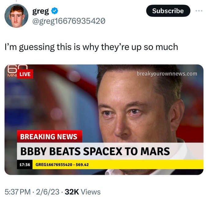 A tweet from user @greg16676935420 (dated 2/6/23) reads "I'm guessing this is why they're up so much" alongside a satirical "BREAKING NEWS" graphic from breakyourownnews.com headlined "BBBY BEATS SPACEX TO MARS," featuring an image of Elon Musk with a ticker showing "GREG16676935420 - $69.42." The meme humorously mocks the post's bullish claim that $BBBYQ would somehow surpass SpaceX's accomplishments, implying the ridiculous news was driving the price action.