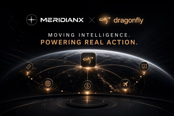 The image is a sleek, dark-themed promotional graphic featuring the MeridianX logo (with a plus-sign icon) on the left and the "dragonfly" wordmark with a dragonfly icon on the right, separated by a multiplication "×" symbol to indicate a partnership. Bold text reads "MOVING INTELLIGENCE. POWERING REAL ACTION." Below the text, a stylized Earth viewed from space serves as the backdrop, with glowing golden lines connecting various icons—including a document, globe, dollar sign, airplane, and checkmark—radiating from a central Dragonfly app icon, all resting above a circular illuminated platform. This visual reinforces the post's message about MeridianX's Dragonfly application, depicting how the AI platform connects intelligence across global commerce, finance, and logistics to transform insights into tangible, real-world actions.