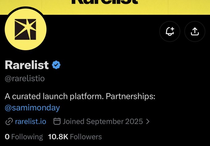 This image shows the Twitter/X profile page for "Rarelist" (@rarelistio), featuring their black and yellow logo, a verified badge, and account details showing 10.8K followers with 0 following, having joined in September 2025. The bio describes it as "A curated launch platform" with partnerships handled by @samimonday, which aligns with the accompanying post highlighting Rarelist as an early-stage content rewards platform similar to Kaito.