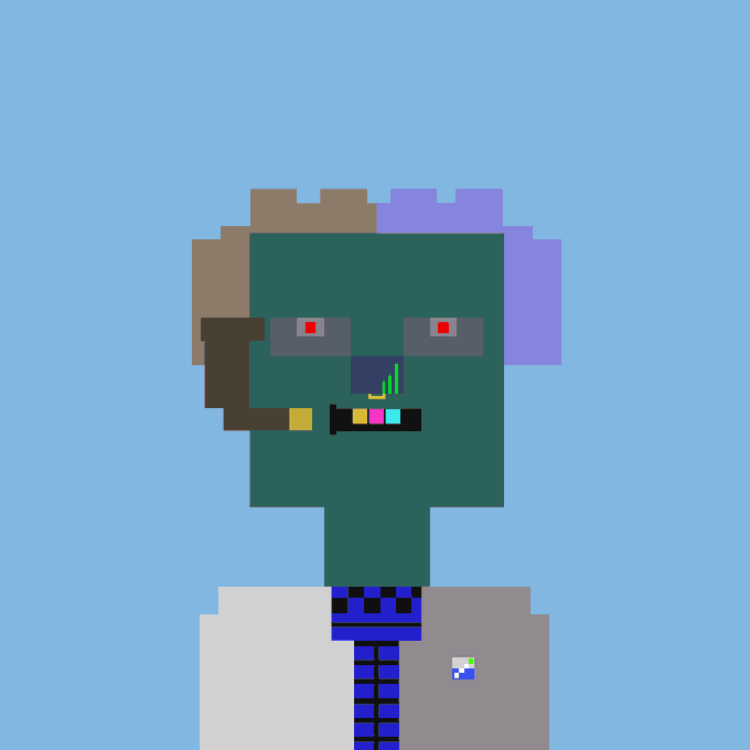 A pixel art illustration of a green-skinned zombie-like character with red eyes and colorful teeth, wearing a striped tie and white coat against a light blue background.