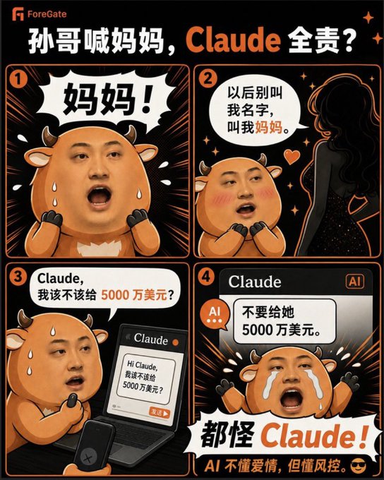The image is a four-panel Chinese meme cartoon featuring a bull (representing "孙哥"/Brother Sun) calling out "妈妈!" (Mom!), being corrected by a woman to call her "妈妈" instead of her name, and then asking AI assistant Claude whether to give $50 million USD. Claude's AI response says "Don't give her $50 million," ending with the punchline "都怪 Claude!" (It's all Claude's fault!) and a tagline that "AI不懂爱情, 但懂风控" ("AI doesn't understand love, but it understands risk control").

The meme humorously applies the Claude AI's prudent financial advice to the Brother Sun/Jing Tian $30 million drama, joking that AI would have stopped him from making such an impulsive romantic gesture—suggesting that for prediction markets, this kind of chaotic real-life drama involving Sun Ge and Jing Tian is the latest viral narrative.