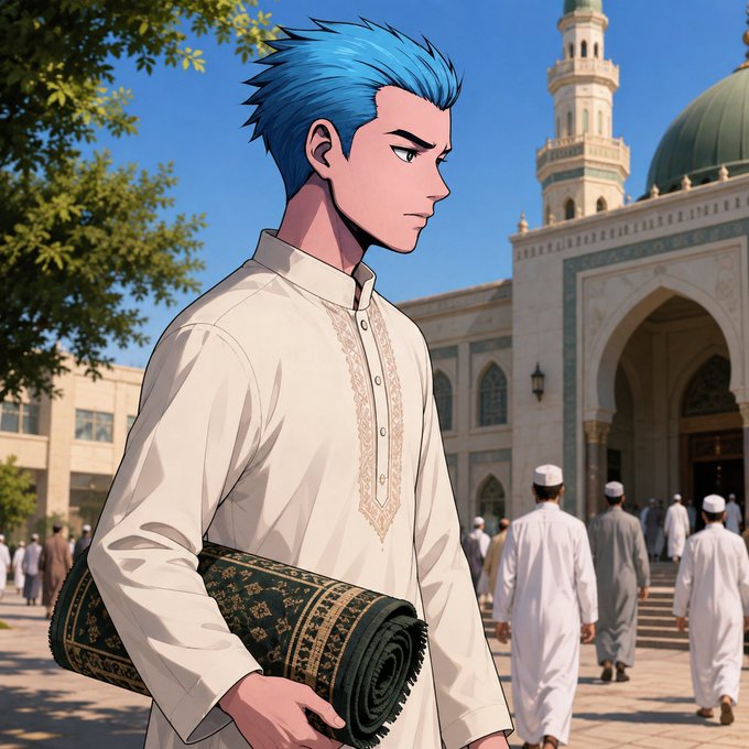 An anime-style illustration depicts a young man with bright blue hair wearing a traditional white embroidered tunic, holding a patterned prayer rug outside a mosque.