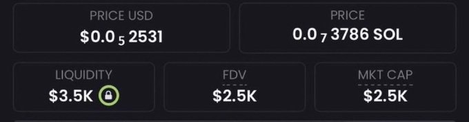 The image displays a token's market data showing a price of $0.052531 USD (0.073786 SOL), with $3.5K liquidity, and both FDV and market cap at just $2.5K—confirming the post's claim of a $2k market value token being promoted for a promised 1000x return to $10 million.