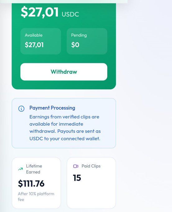 The image displays a screen showing a summary of a payment processing platform, which seems to be a payment gateway for a platform called Clipur. The summary provides details about the available payment processing features such as verification of clips and immediate funds being sent, along with details of how the user can earn lifetime dedication points and paid clip rewards from their wallet. The image also contains text that reads "Real Proof I'm a TOP SUPPORTER of Clipur.com Just checked my Clipur wallet: $27.01 USDC Available $111.76 Lifetime Earned 15 Paid Clips This is what real dedication looks like. Not just talking actually clipping and earning on the #1 Distribution Platform on X". The summary connects the payment processing features to the user's real-life experience of using the platform, highlighting its benefits and how it has positively impacted their payments.
