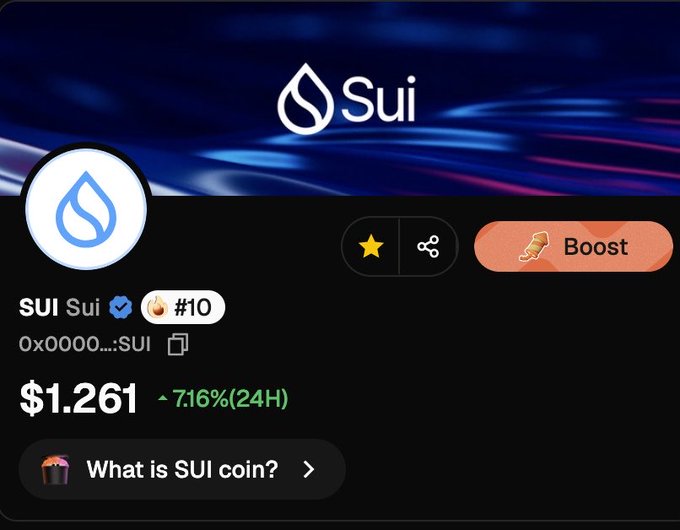 A coin listing page for SUI token priced at $1.261, showing a 7.16% increase over 24 hours with a 'Boost' button.