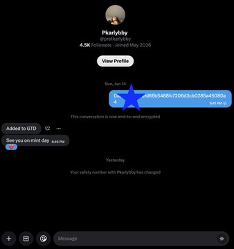 A screenshot of a Signal messenger conversation with a user named 'Pkarlybby' (@pkarlybby.eth), showing end-to-end encryption notices and message history.