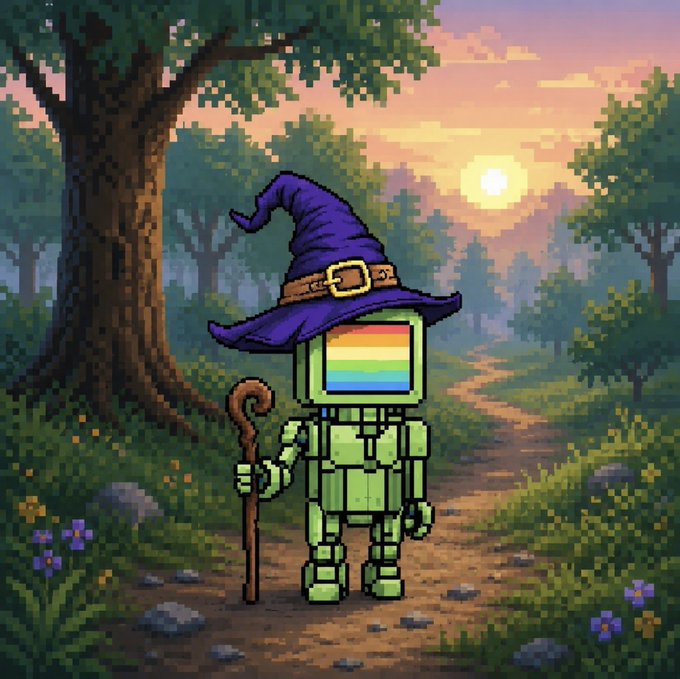 urn of gold and purple flowers, a rainbow-colored robot with a brown belt, and a tree trunk are present in the digital illustration.