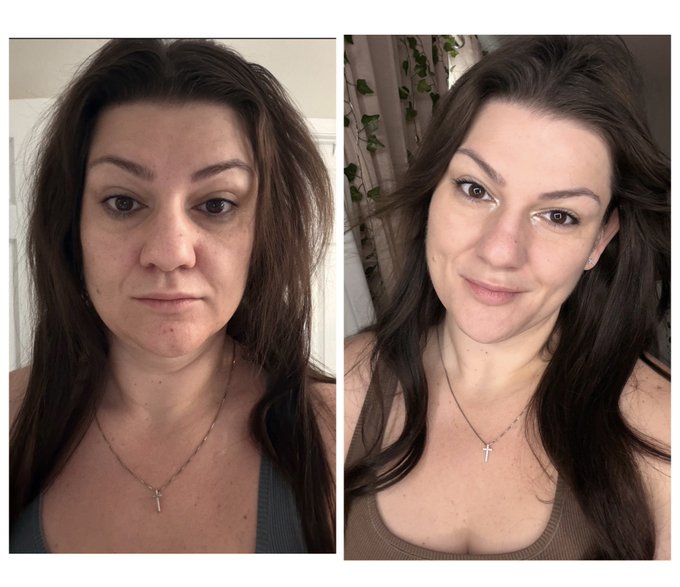 A side-by-side comparison shows a woman before and after makeup, with her hair styled and a cross necklace visible in the second image.