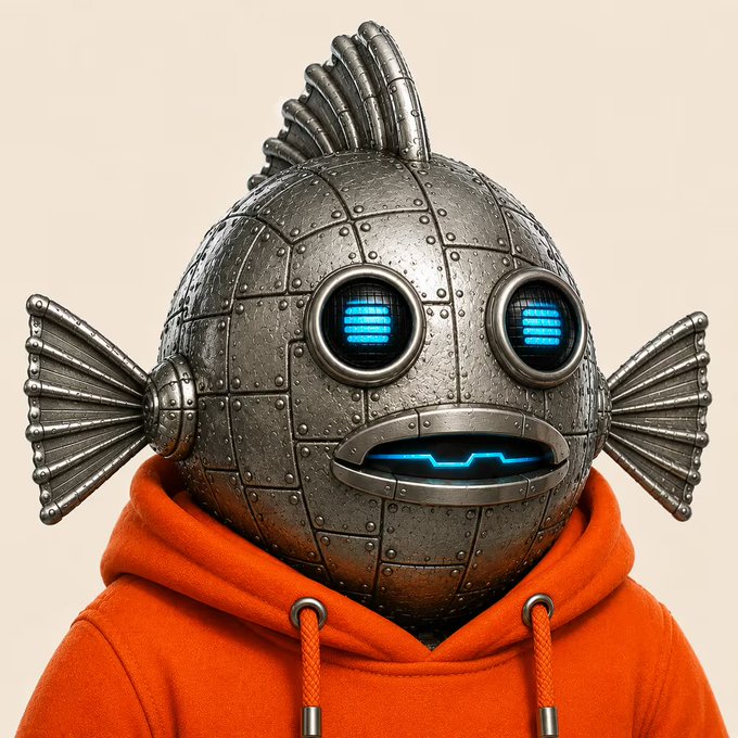 A metallic, fish-shaped robot with glowing blue digital eyes and an orange hoodie grins cheerfully, perfectly matching the playful "fishy" NFT vibe of the @FishFrens315 post.