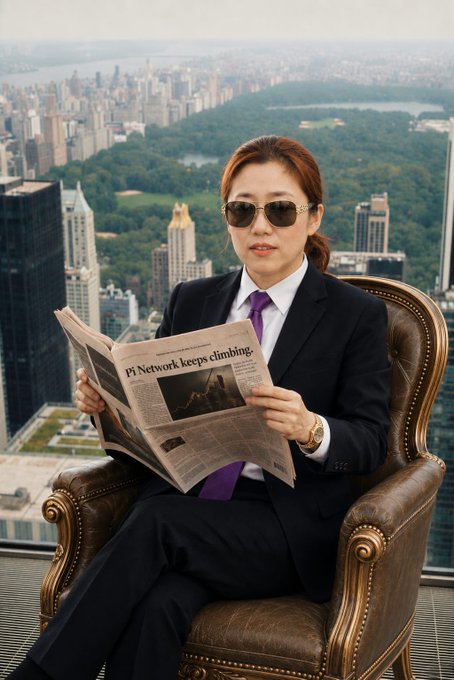 A stylish woman in a black suit, white shirt, purple tie, and sunglasses sits in an ornate brown leather chair on a high-rise balcony overlooking New York City and Central Park, confidently reading a newspaper with the headline "Pi Network keeps climbing." The image visually reinforces the post's theme of Pi Network's continued growth and rising prominence in the crypto space.