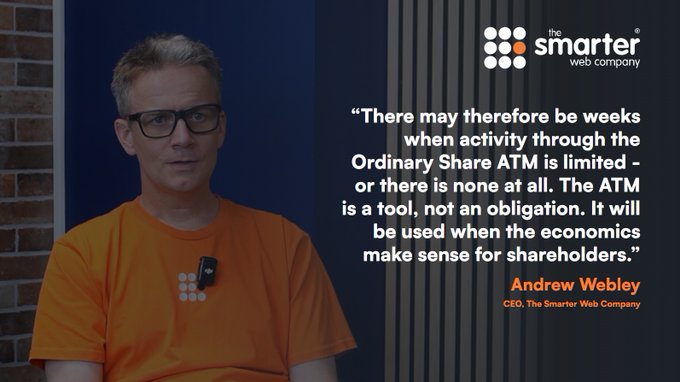 A man in an orange shirt stands beside a quote attributed to Andrew Webley, CEO of The Smarter Web Company, discussing the optional nature of their Ordinary Share ATM program.