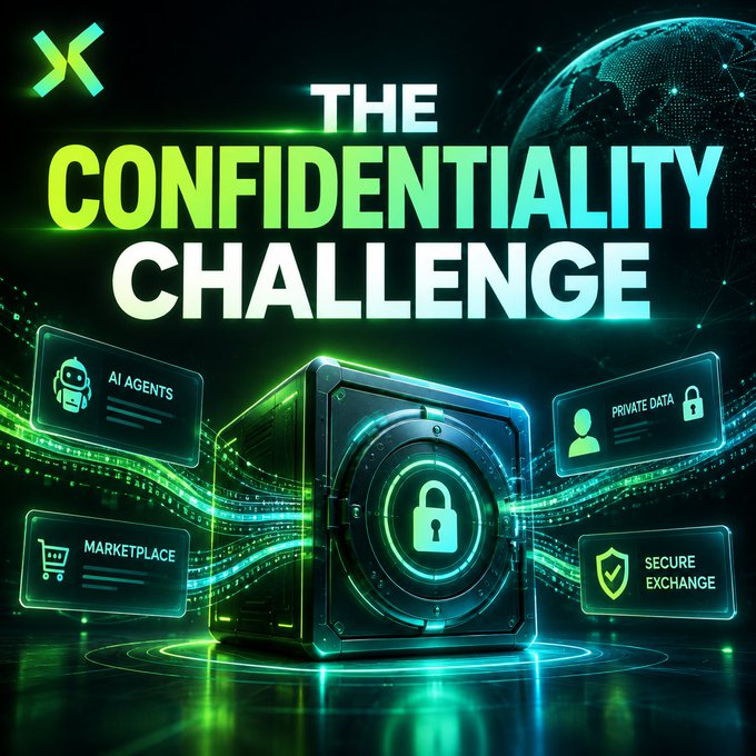 A futuristic green-themed promotional graphic titled 'THE CONFIDENTIALITY CHALLENGE' featuring a glowing secure vault with a padlock icon, surrounded by panels labeled 'AI AGENTS', 'PRIVATE DATA', 'MARKETPLACE', and 'SECURE EXCHANGE', with a stylized 'X' logo in the top left.