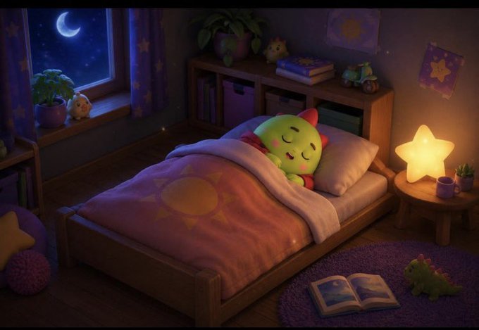 A whimsical digital illustration of a cozy children's bedroom at night, featuring a cute green character with small red horns sleeping in a bed with a sun-patterned blanket, illuminated by a glowing star lamp.