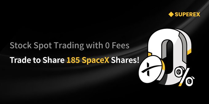A promotional banner with a black background for 'SUPEREX', advertising 'Stock Spot Trading with 0 Fees' and 'Trade to Share 185 SpaceX Shares!', featuring a large '0%' graphic.