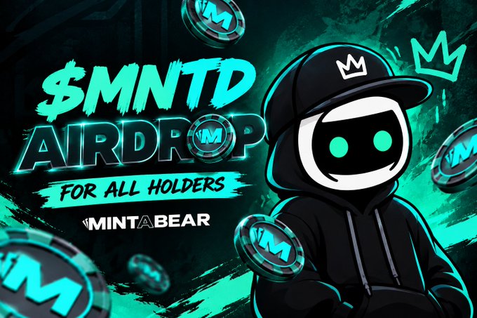 A promotional graphic for a '$MNTD AIRDROP FOR ALL HOLDERS' featuring a cartoon character in a black jacket with glowing cyan accents and floating 'M' coins.