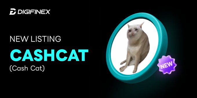 A DigiFinex promotional banner announcing the new listing of $CASHCAT (Cash Cat), featuring a white cat encircled by a teal ring with a purple "NEW" badge against a black background.