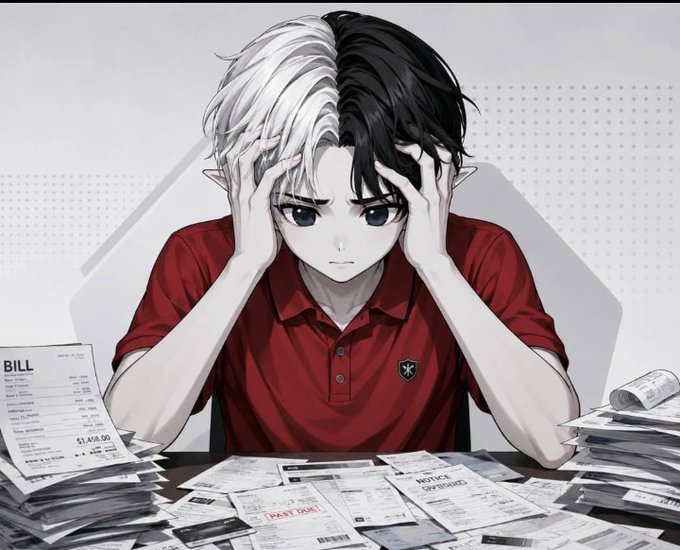 An anime-style illustration of a half-black, half-white-haired elf-like character in a red polo shirt, stressed with hands gripping their head, surrounded by stacks of bills with "BILL" and "$1,400.00" visible.