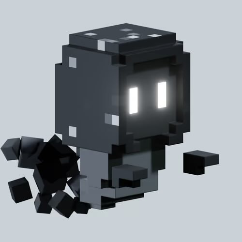 A voxel-style 3D rendering of a dark grey blocky robot or creature with glowing white rectangular eyes, appearing to crumble or break apart into scattered dark cubes against a light grey background.