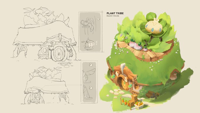 A concept art sheet displays "PLANT TRIBE" with the subtitle "BAZAAR HOUSE," featuring pencil sketches of a whimsical, vegetable-shaped building alongside its fully rendered, colorful version with a leafy green roof, wooden door, and surrounding market stalls. The image ties to the post by showcasing an inside look from the Axie Infinity sketchbook, revealing the creative process from rough line drawings to a polished final design.