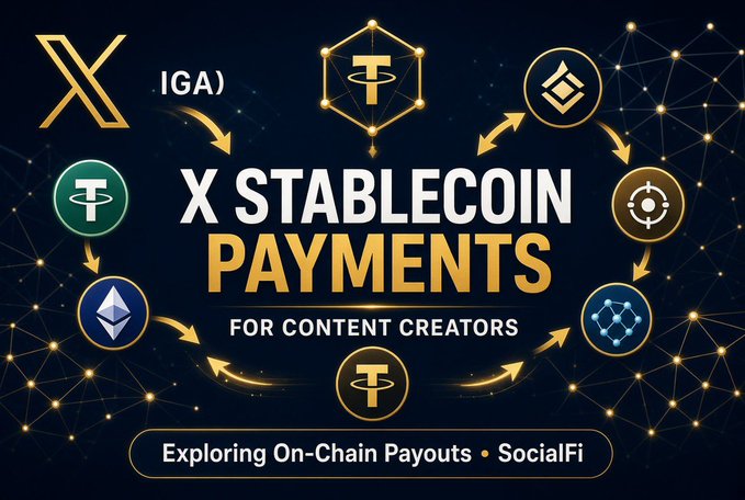 A promotional graphic titled 'X Stablecoin Payments for Content Creators' featuring various cryptocurrency logos including Tether and Ethereum arranged in a circular flow.